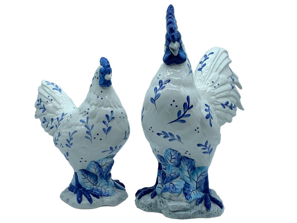 J. WILLFRED COBALT & WHITE CERAMIC ROOSTER & HEN (1 of 6)