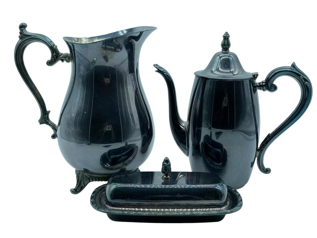 ONEIDA SILVERSMITHS LUNCHEON TEA SET: ONEIDA SILVERSMITHS LUNCHEON TEA SET-INCLUDES TEAPOT -WATER PITCHER-LIDDED BUTTER DISH-GOOD PRE OWNED CONDITION-DP1923 THIS ITEM IS LOCATED OFF-SITE. All items must be picked up by confirmed online ap