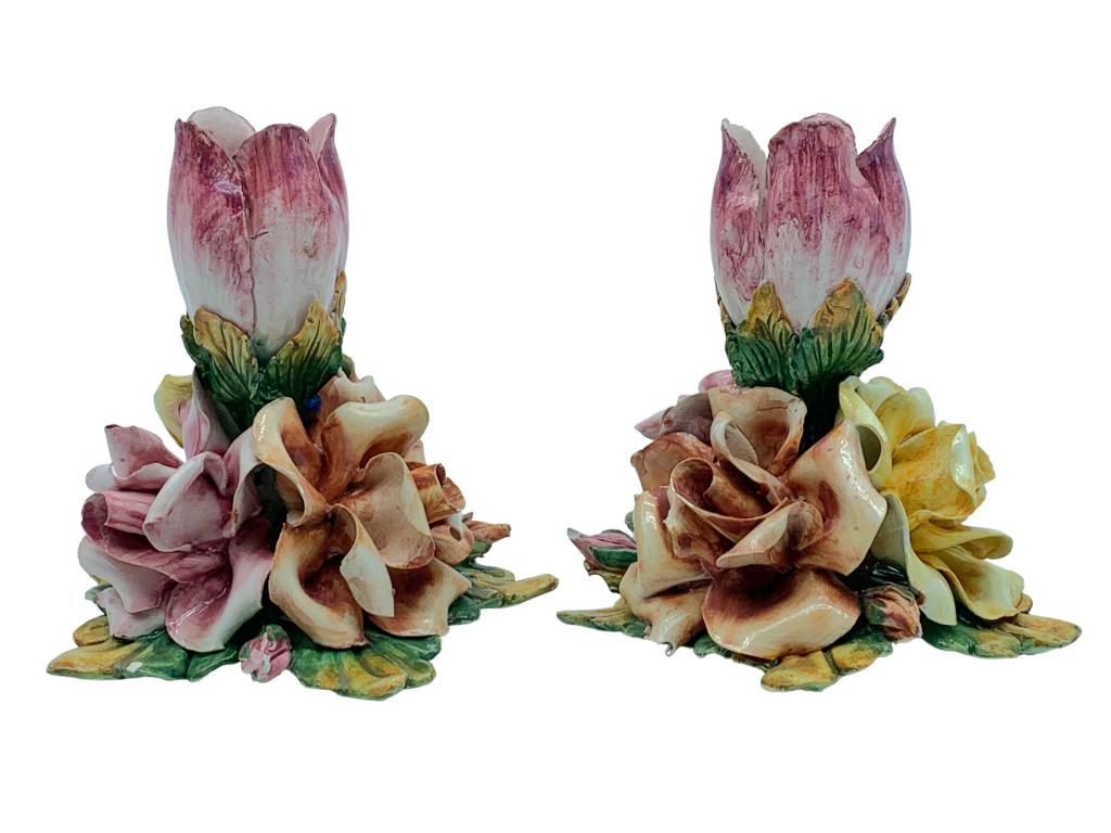 VTG PORCELAIN ROSES CANDLE HOLDER SET (2): -VTG PORCELAIN ROSES CANDLE HOLDER SET (2) -SET OF 2-AGE CONSISTANT WITH CONDITION -MINOR CHIPS TO EDGE-SEE ALL PHOTOSJR ANNEX