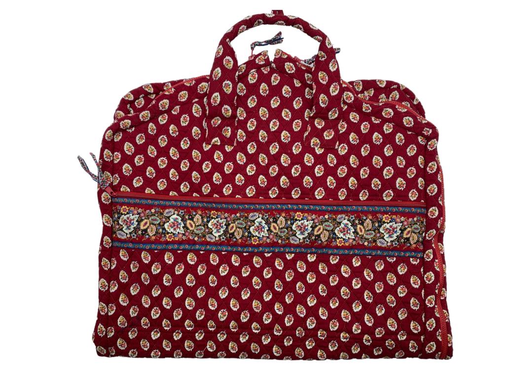 VERA BRADLEY MAROON & WHITE TRAVELERS GARMENT BAG: - VTG VERA BRADLEY MAROON & WHITE TRAVELERS GARMENT BAG WITH WHITE YELLOW AND RED FLORAL ACCENTS -SIZE: 40" X 23" JR ANNEX