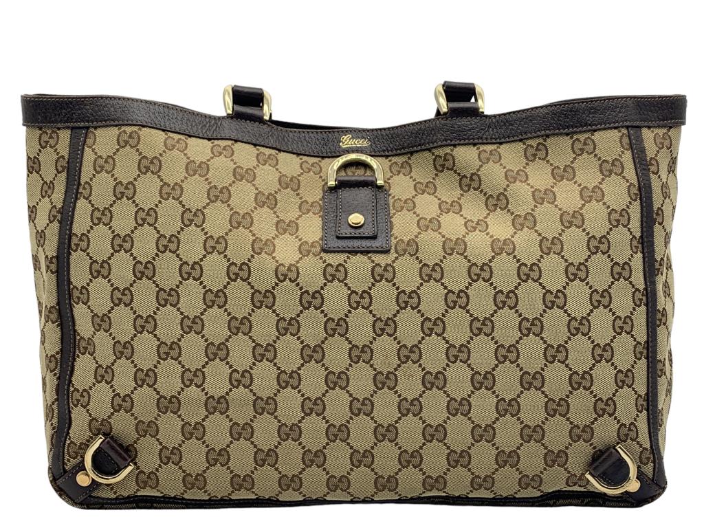 GUCCI LARGE 3 D-RINGS ABBEY SHOPPER: GUCCI LARGE 3 D-RINGS ABBEY SHOPPER -BEIGE/DARK BROWN CANVAS 141472 205141 -D10 -ALL BAGS HAVE BEEN AUTHENTICATED. AAW055239*25*10,5cm