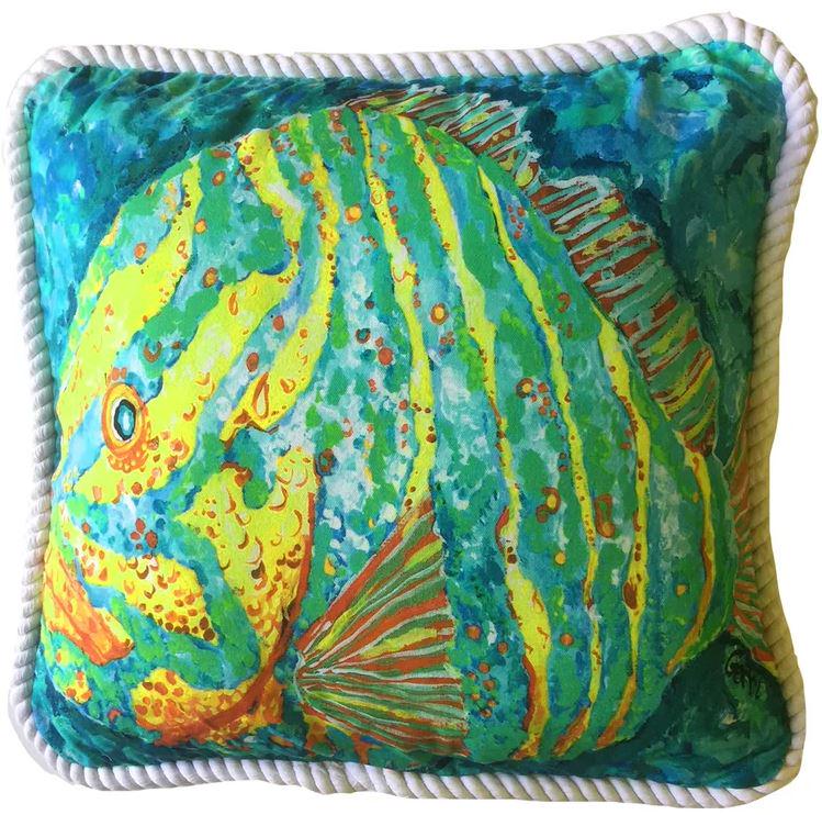 NEW FISH MOTIF COASTAL PILLOW BY MY ISLAND: NEW FISH MOTIF COASTAL PILLOW BY MY ISLAND-20 X 20-Vibrant Colors, Large 20 x 20, Washable, 100% Duck Cotton. Fabric Coated for Covered Outdoor Applications