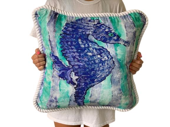 NEW SEAHORSE MOTIF COASTAL PILLOW BY MY ISLAND: NEW SEAHORSE MOTIF COASTAL PILLOW BY MY ISLAND-20 X 20-Vibrant Colors, Large 20 x 20, Washable, 100% Duck Cotton. Fabric Coated for Covered Outdoor Applications