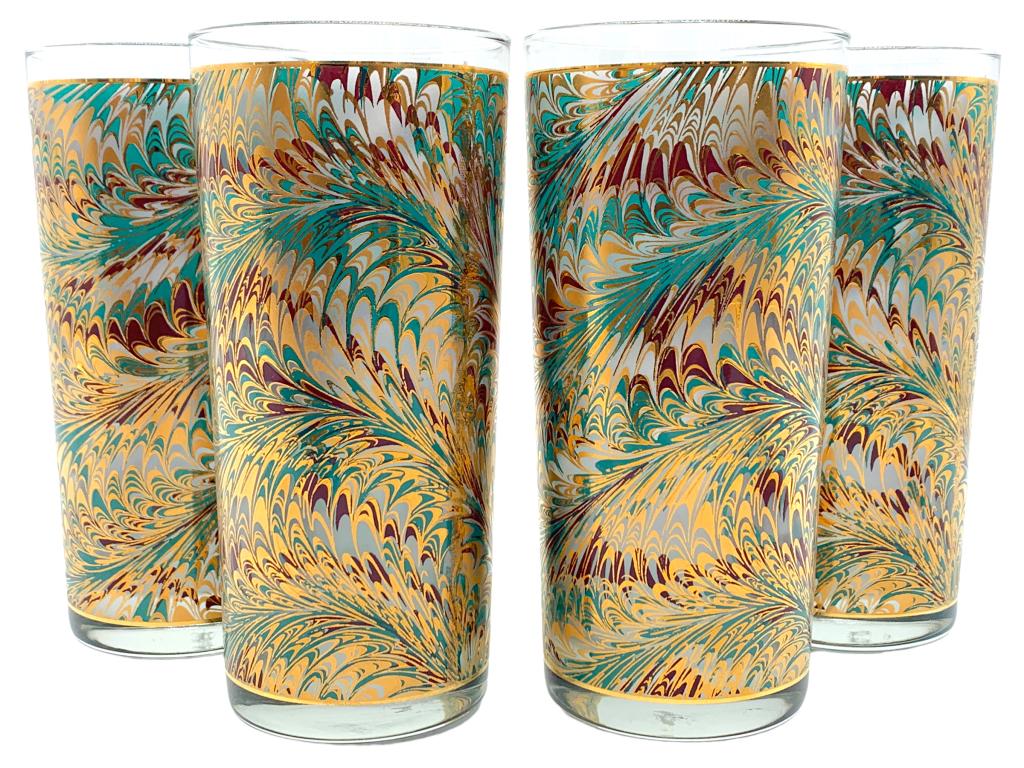 VTG CULVER MARBLE TEAL HIGH BALL GLASSES (4) (1 of 4)