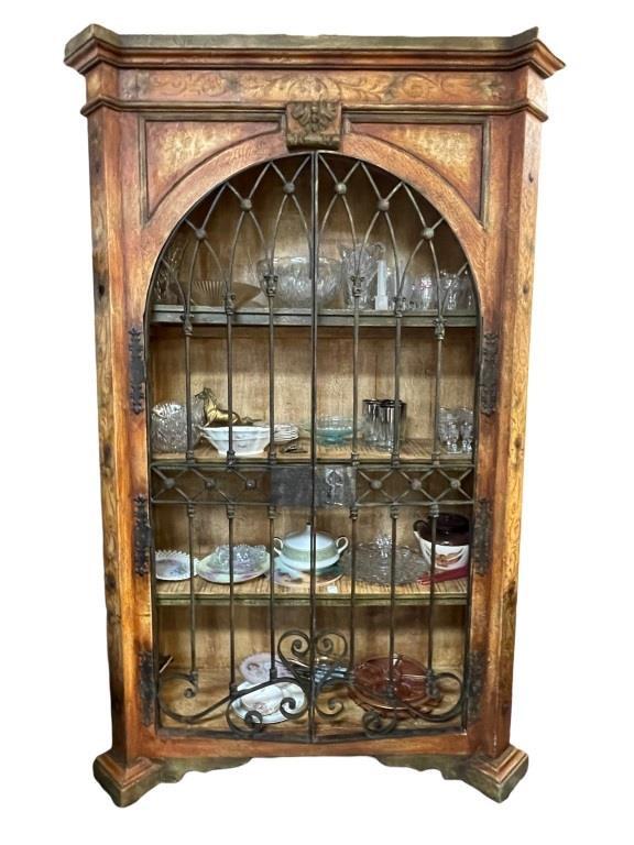 MEDIEVAL REVIVAL IRON & WOOD WINE CABINET 87": MEDIEVAL REVIVAL IRON & WOOD WINE CABINET-LED TUBE LIGHT ILLUMINATED-87" X 52" X 17" APPROX-GOOD PRE OWNED CONDITION, WEARJR RLSR 02/01