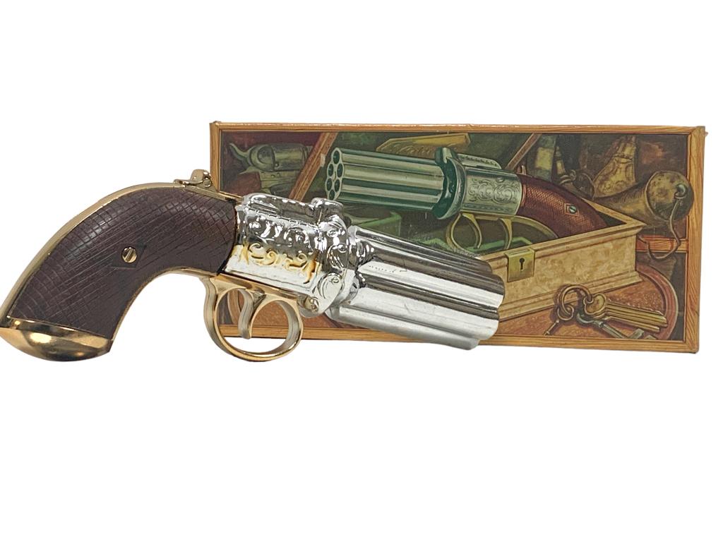 VTG AVON PEPPERBOX PISTOL TAI WINDS COLOGNE: VTG AVON PEPPERBOX PISTOL TAI WINDS COLOGNE- PEPPERBOX PISTOL 1850 DECANTER BOTTLE- BOTTLE IS 8.5" X 4" AND 3 FL. OZ- INCLUDES ORIGINAL BOX- COLOGNE INSIDE- GOOD VINTAGE CONDITIONCOLLECTIBLE ITEMS; ME
