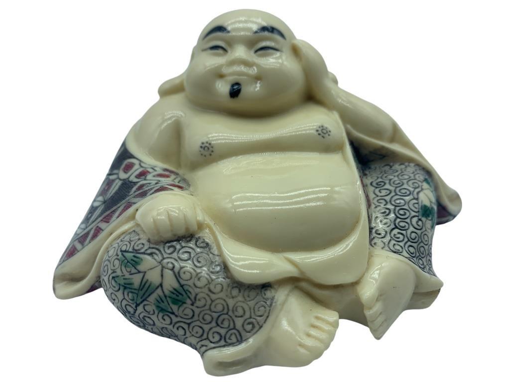 VTG JAPANESE EROTIC ART NETSUKE BUDDHA 2 SIDED 3": VINTAGE JAPANESE EROTIC ART NETSUKE BUDDHA 2 SIDED- Ivory Colored Resin with Man & Woman Design on Back- Very Good Overall Condition Wear Consistent with Age and Use (See Photos)