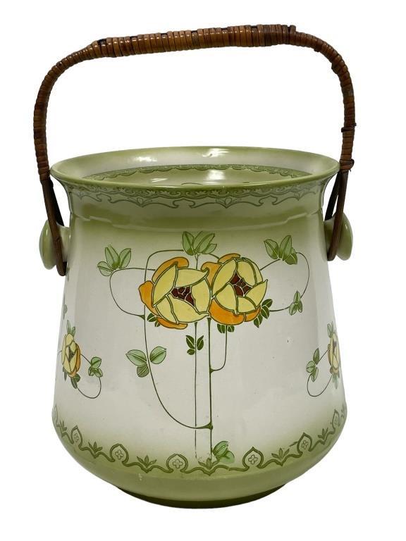 VINTAGE ASIAN CHAMBER POT W BAMBOO HANDLE 1": VINTAGE ASIAN CHAMBER POT WITH BAMBOO HANDLES-12" X 11" DIAMETER-PRE OWNED CONDITION, SMALL CHIP, SEE ALL PHOTOSJR RL ANNEX