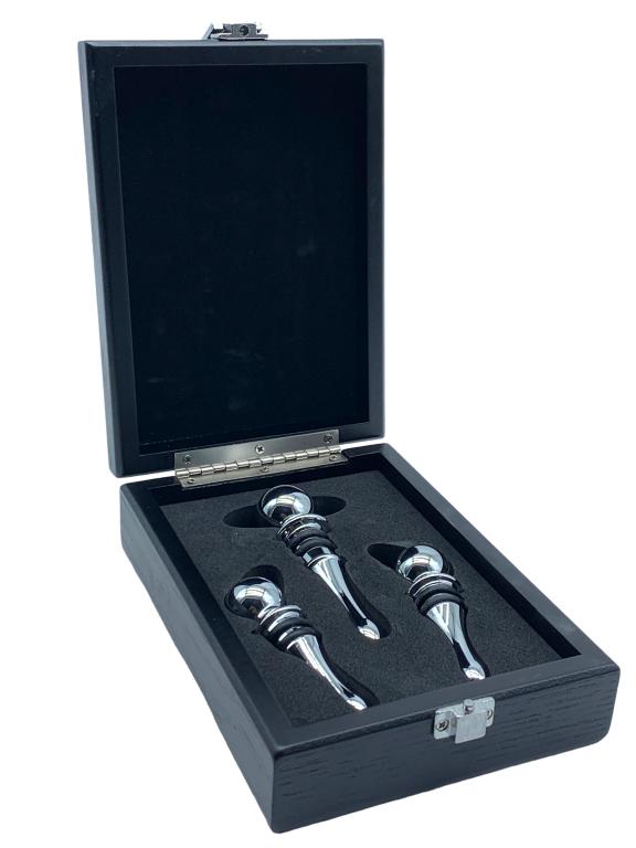 WOODEN BOX SET OF (3) MODERN SILVER WINE STOPPERS: -WOODEN BOX SET OF (3) MODERN SILVER WINE STOPPERS JR RL ANNEX 01/30
