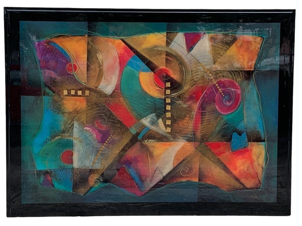 LARGE ERIC WAUGH D TAG MIXED MEDIA PAINTING 61": LARGE ERIC WAUGH D TAG MIXED MEDIA PAINTING ON LACQUERED WOOD WITH COLORFUL GEOMETRIC DESIGNS AND MOUNTED RAISED SILVER TONE METAL FORMS-SIGNED BOTTOM RIGHT-61" X 44" APPROX-GOOD PRE OWNED CONDITION-D