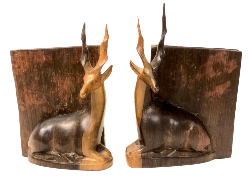 VTG HAND CARVED WOODEN ANTELOPE BOOKENDS 6" (1 of 7)