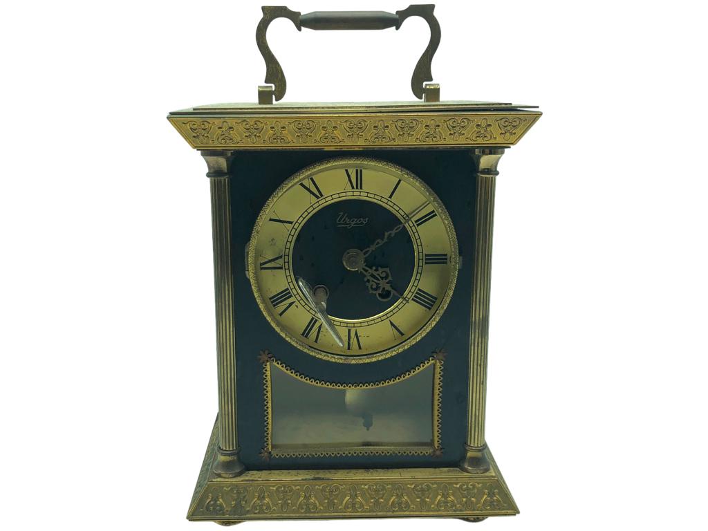 VTG URGOS GERMAN MANTEL CLOCK 14": -VTG URGOS GERMAN MANTEL CLOCK 14" -SIZE 11" X 8.5" X 11"-WINDING KEY INCLUDED -OFFICE LIBRARY OR STUDY DECOR-MISSING FRONT DOME GLASS-SEE ALL PHOTOSJR BTQ 02/03