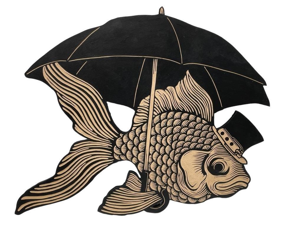 FIDEL SOLORZANO WOOD CUT FISH WALL ART 24": FIDEL SOLORZANO WOOD CUT FISH WALL ART 24"FIDEL SOLORZANO WOOD CUT FISH WALL ART-18" X 24" APPROX-SIGNED AND DATED FIDEL FOR WOLFRYD COLLECTION 2022-VERY GOOD CONDITION-DP101422