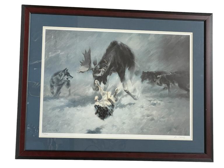 MANFRED SCHATZ HOT PURSUIT WOLF PRINT, SIGNED 32": MANFRED SCHATZ HOT PURSUIT WOLVES WOLF PRINT | WILDLIFE OUTDOORS-LIMITED EDITION 329 / 980 SIGNED AND NUMBERED IN PENCIL-32" X 25" APPROX-GOOD PRE OWNED CONDITION-DP11023