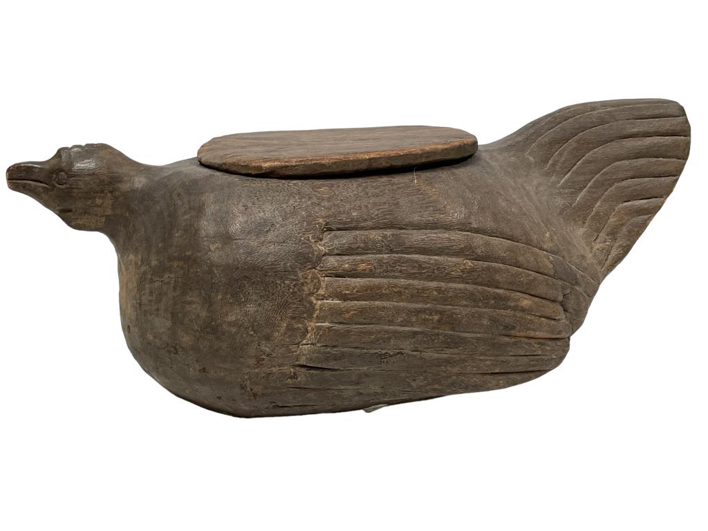 LARGE AFRICAN CARVED WOOD LIDDED BIRD VESSEL 28" (1 of 7)