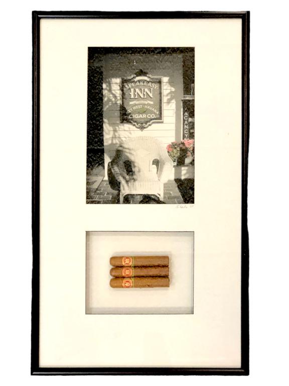 SHEILA WALTERS B/W PHOTO & CIGAR FRAMED ART 27.5": SHEILA WALTERS OJIBWA ARTIST B/W PHOTO & THREE FUENTE CIGARS ART MIXED MEDIA SHADOW BOX AT THE SPEAKEASY-27.5" X 16.5" APPROX FRAME-VERY GOOD CONDITION