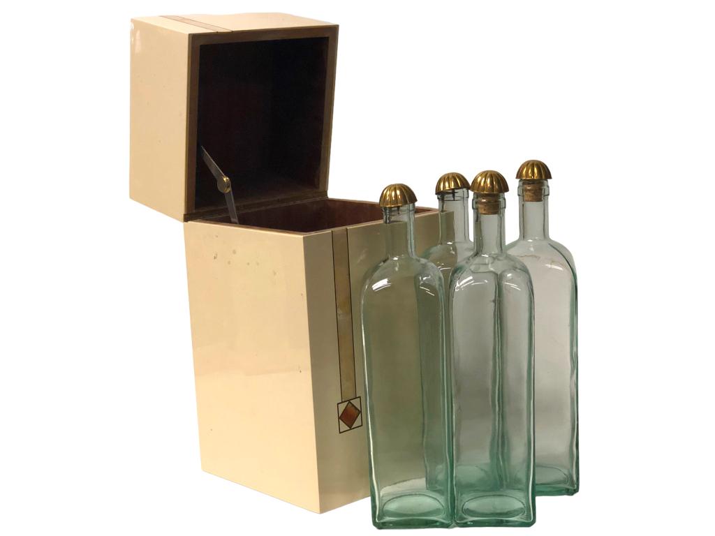 VTG GLASS WINE BOTTLES (4) WITH ORNATE GIFT BOX: -VTG GLASS WINE BOTTLES (4) WITH ORNATE GIFT BOX -SEE ALL PHOTOS-MINOR CRACK ON BOTTOM OF BOX