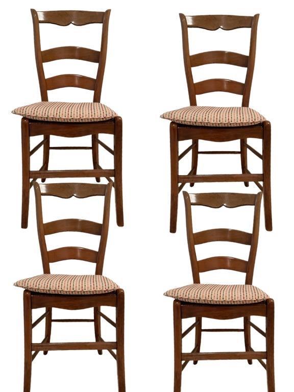 4 COUNTRY FRENCH STYLE WOVEN WOOD DINING CHAIRS: SET OF 4 COUNTRY FRENCH STYLE WOVEN WOOD DINING CHAIRS-39" X 19" X 14" APPROX-SEAT HEIGHT 17" APPROX-GOOD PRE OWNED CONDITION, MINOR WEAR TO WOOD-DP8422