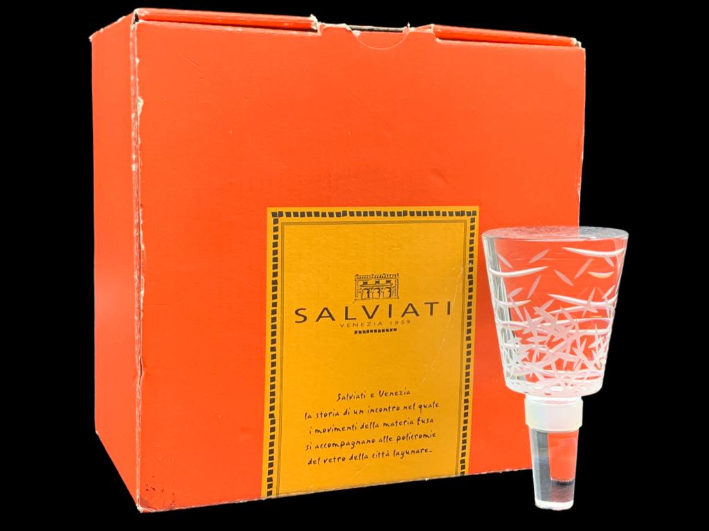 NEW SALVIATI MURANO ART GLASS WINE STOPPER 3.5": -SALVIATI MURANO ART GLASS WINE STOPPER -NEW IN BOX -NO APPARENT CHIPS OR SCRATCHES.-SIZE: 3.5" X 2"-JR ANNEX 02/10