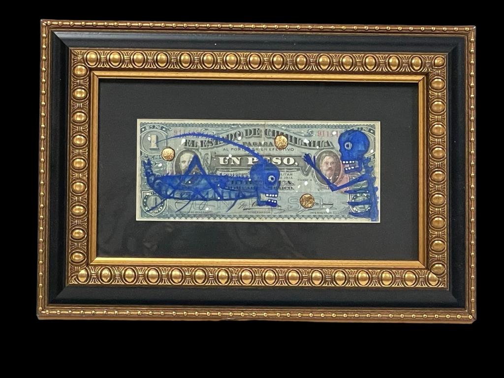 ALEX MEZA ORIGINAL ART ON UN PESO 13": ALEX MEZA ORIGINAL ART ON UN PESO | MEXICAN ARTIST FOLK ART-9" X 13" APPROX TO FRAME-GOOD PRE OWNED CONDITION