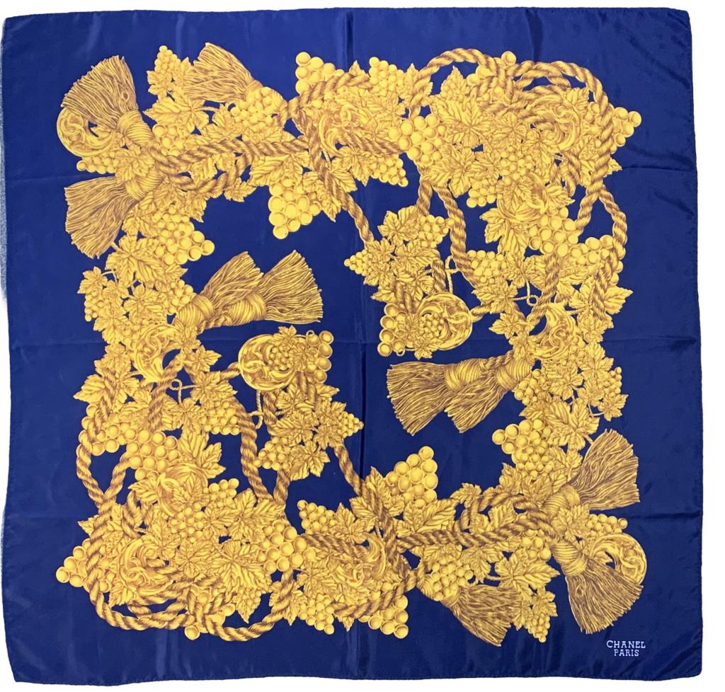 RARE CHANEL SQUARE NAVY & GOLD SILK SCARF: -CHANEL SQUARE NAVY & GOLD SILK SCARF -SIZE 33" X 34"-SILK