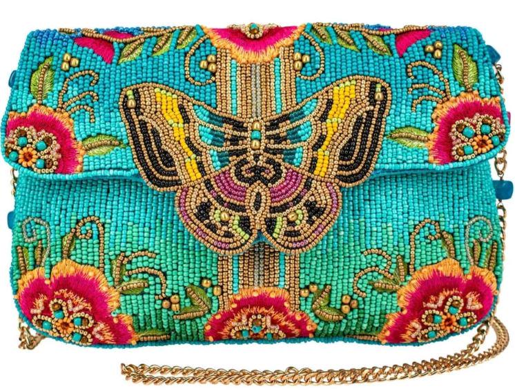 NEW MARY FRANCES BUTTERFLY LOVE CROSSBODY HANDBAG: 9 x 1.5 x 6"-Strap Length End to End: 46"-Strap Drop: 22"-Removable crossbody chain strap, magnet closure, back slip pocket, inside pocket, fits a cell phone-This is a handmade item, each one an indiv