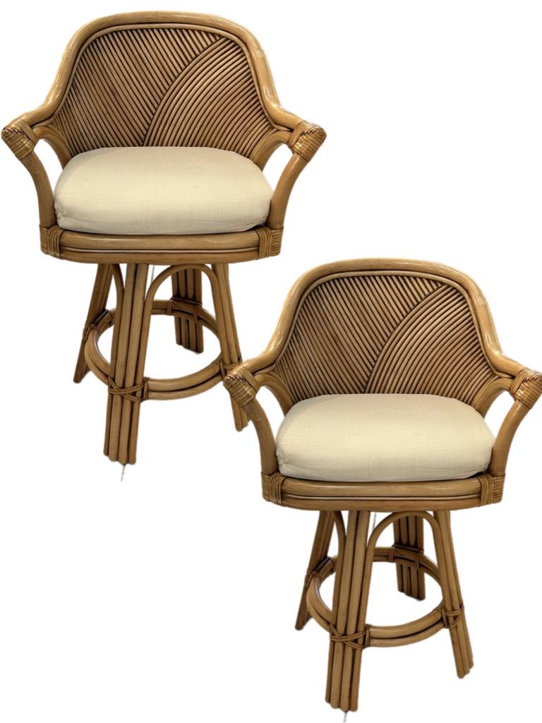 VINTAGE BAMBOO RATTAN SWIVEL BAR STOOLS 37" PAIR (1 of 6)