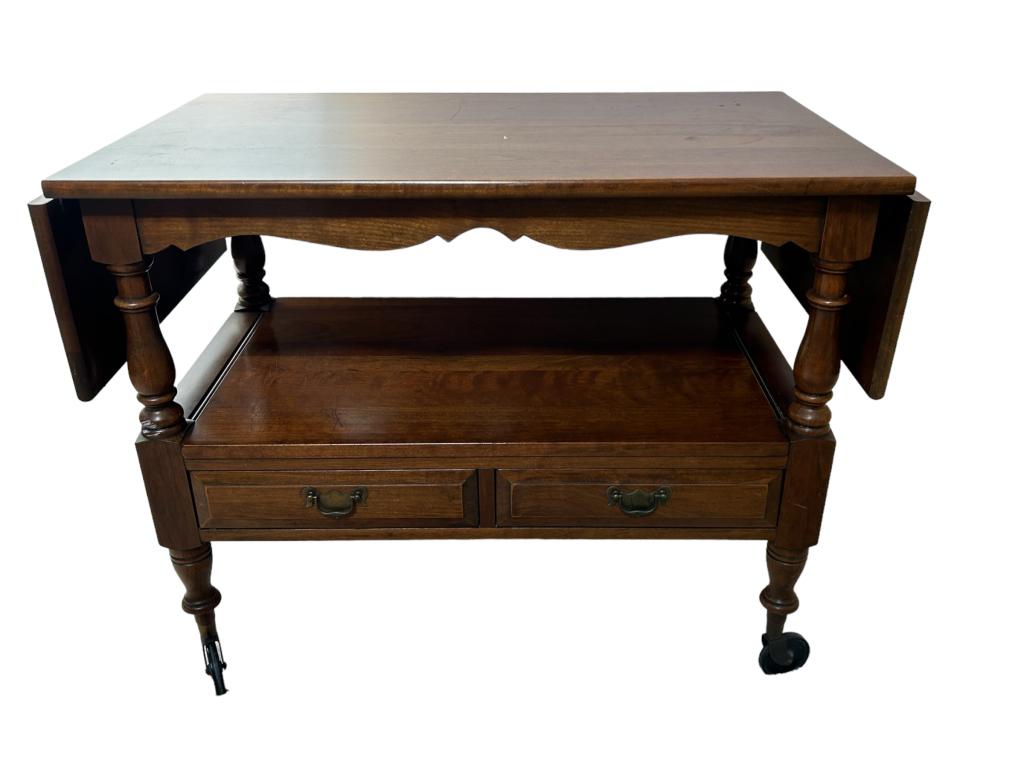 VINTAGE WALNUT WOOD DROP LEAF SERVING TABLE CART (1 of 5)