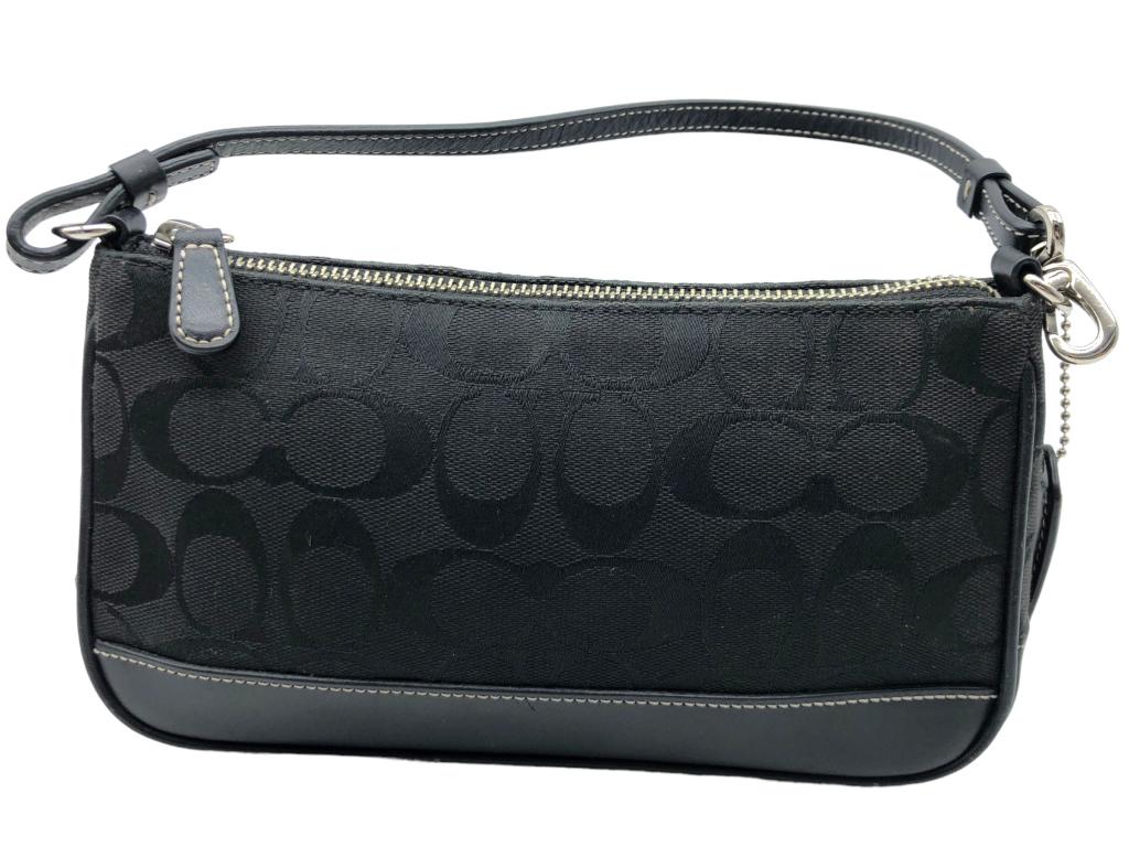 COACH BLACK SIGNATURE CANVAS POUCHETTE PURSE: COACH BLACK SIGNATURE CANVAS POUCHETTE PURSE-4" H X 8" L-GOOD PRE OWNED CONDITION, SOME WAER