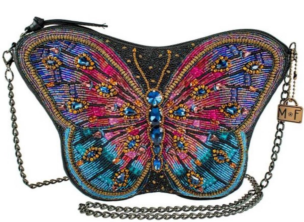 MARY FRANCES "JEWELS" BUTTERFLY HANDBAG: MARY FRANCES "JEWELS" BUTTERFLY HANDBAG-11 x 1.5 x 7"-Strap Length End to End: 49"-Strap Drop: 23"-Removable crossbody chain strap, zipper closure, back pocket, inside pocket, fits a cell phone, genui
