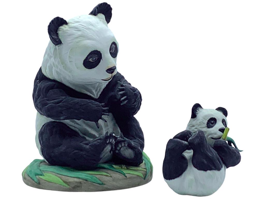 VTG BOEHM PANDA RESTING & SEATED PANDA CUB STATUES: -VTG BOEHM PANDA RESTING & SEATED PANDA CUB FIGURINES-SET OF 2 CERAMIC BONE PORCELAIN PANDAS STAMPED AND SIGNED ON BOTTOM-2 SMALL CHIPS TO LARGER PANDAS TOES-PLEASE SEE ALL PHOTOS JR 01/20