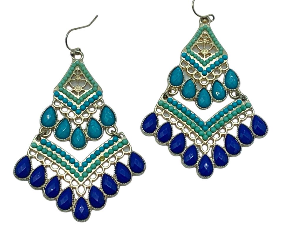 KENNETH J. LANE GOLD & TURQUOISE EARRINGS 2.5": -KENNETH J. LANE GOLD & TURQUOISE EARRINGS 2.5" -SIZE: 2.5" X 2"JR 02/15