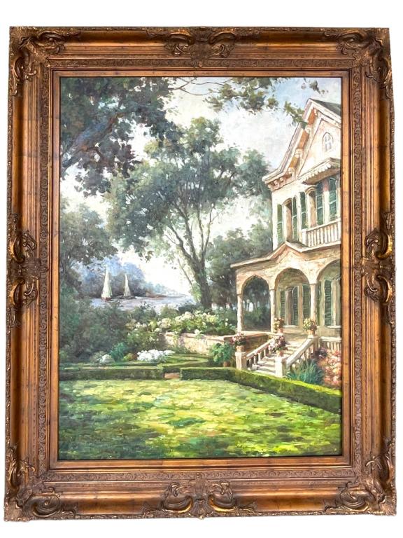 LARGE VICTORIAN HOME ON COAST WITH BOAT OIL PAINTG (1 of 3)
