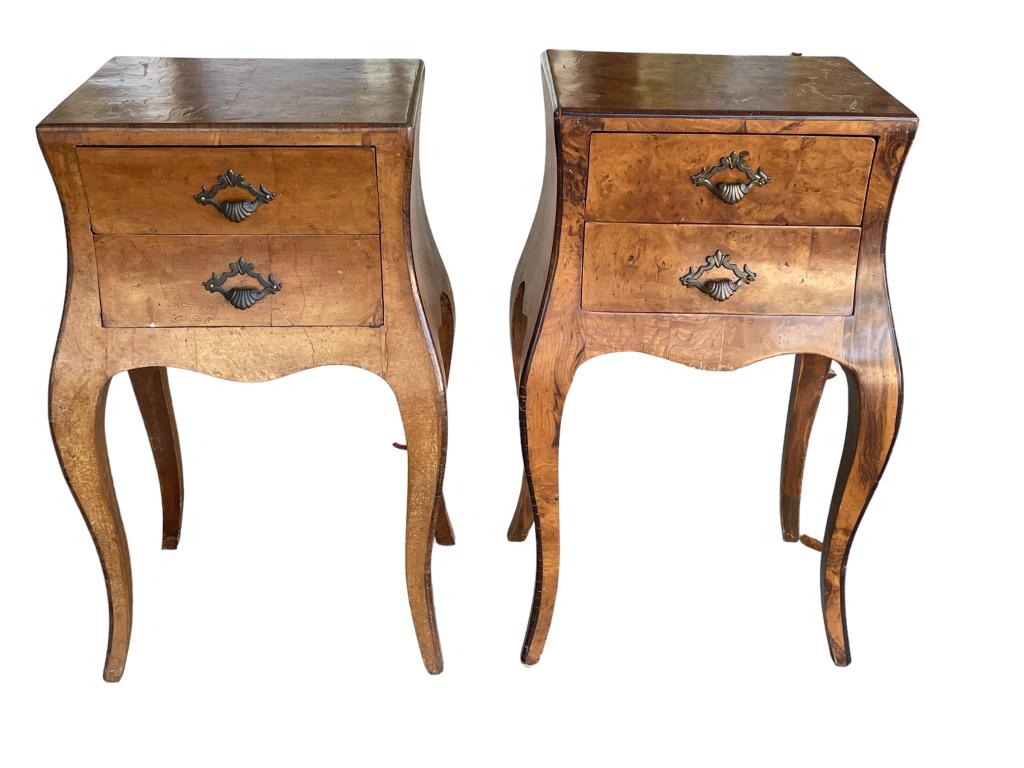 FRENCH LOUIS XV STYLE BURLWOOD NIGHT STANDS: FRENCH LOUIS XV STYLE BURLWOOD NIGHT STANDS WITH BRASS HARDWARE-27" X 15" X 12" APPROX-PRE OWNED CONDITION, WEAR TO TOP -DP22423ANNEX