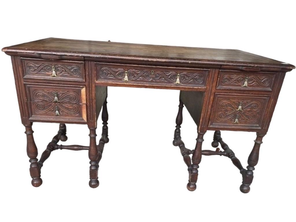ANTIQUE JACOBEAN STYLE WOOD DESK 52" (1 of 9)