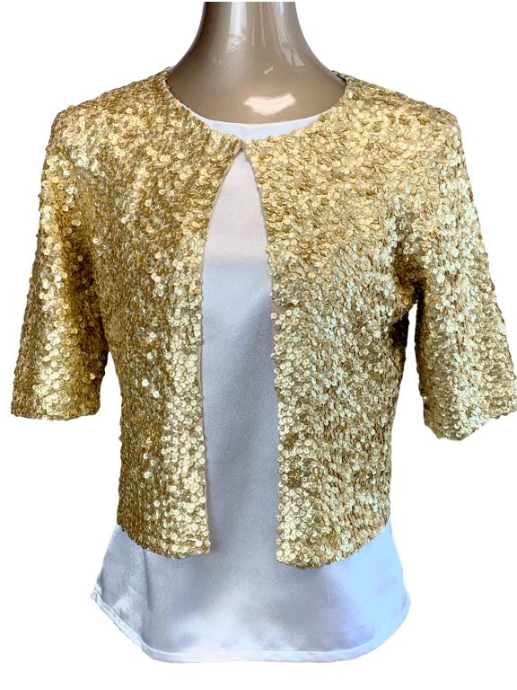 DONA BUCHMAN GOLD SEQUIN CROP TOP SWEATER SZ L: DONA BUCHMAN GOLD SEQUIN CROP TOP SWEATER -SIZE LARGE JR 02/23