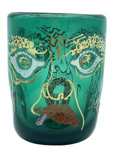 ANZOLO FUGA ITALIAN GLASS GROTESQUE FACE CUP 3.75": ANZOLO FUGA " GROTESQUE " ITALIAN GREEN GLASS FACE CUP AS DESCRIBED IN THE BOOK "At the Bevilacqua La Masa exhibitions in 1947 and 1948-DARK GREEN GLASS WITH GOLD GILT AND ENAMEL -3 3/4" tall x 3" wid