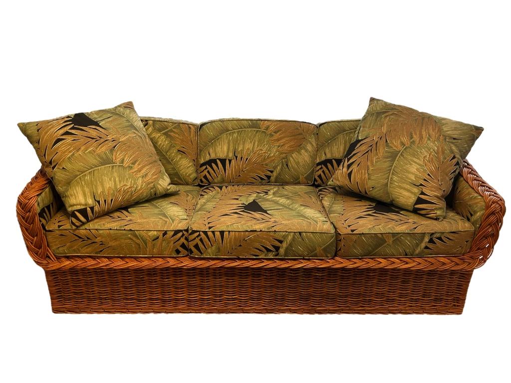 VTG WICKER RATTAN THREE SEAT SOFA WITH PALM FRONDS (1 of 5)