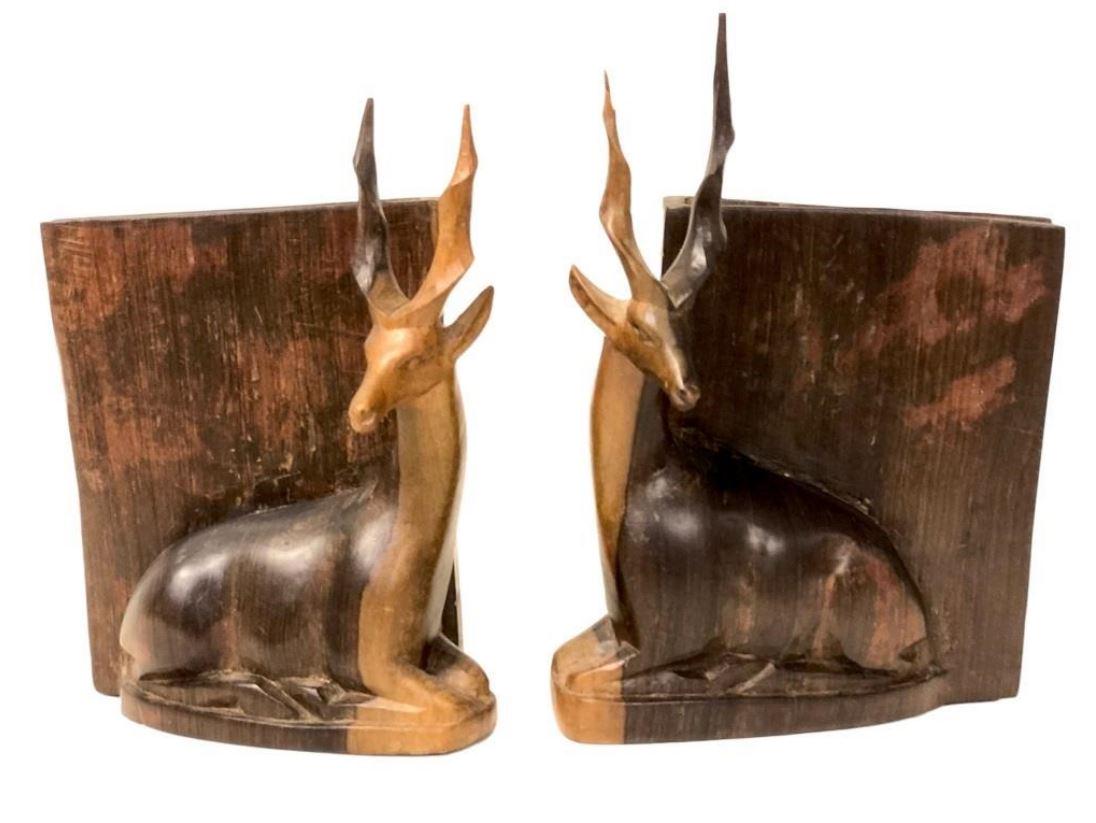 VTG HAND CARVED WOODEN ANTELOPE BOOKENDS 6" (1 of 7)