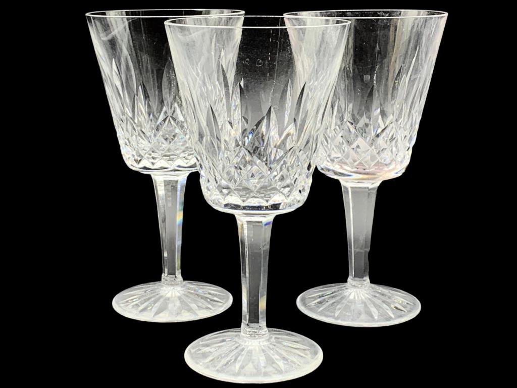 3 WATERFORD CRYSTAL LISMORE WINE GLASSES 6.5": 3 WATERFORD CRYSTAL LISMORE WINE GLASSES 6.5" -VERY GOOD PREOWNED CONDITION THIS ITEM IS LOCATED OFF-SITE. All items off-site must be picked up by confirmed online appointment on TUESDAY, MARCH 28th, 