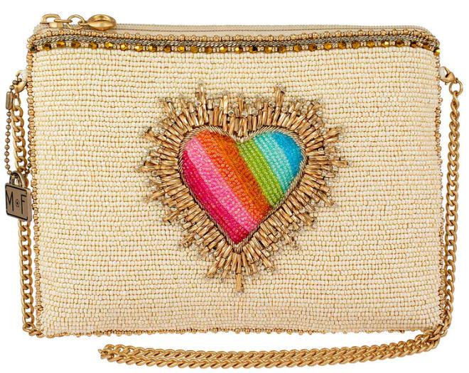 NEW MARY FRANCES LOVE AFFAIR RAINBOW CROSSBODY: Removable crossbody chain strap, zipper closure, inside pocket, fits a cell phoneThis is a handmade item, each one an individual work of art. Slight variations may occur.Estimate DIMENSIONS: 8.5 x 1 x