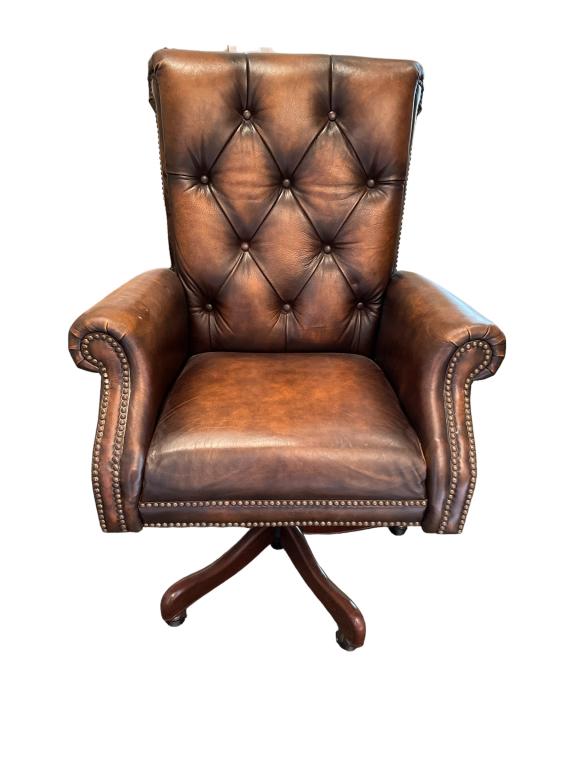 RANDALL ALLAN LEATHER EXECUTIVE OFFICE CHAIR 44": RANDALL ALLAN LEATHER NAILHEAD EXECUTIVE OFFICE CHAIR | TRADITIONAL OFFICE CHAIRS- 44" X 30" X 25" APPROX-SEAT HEIGHT 22" -GOOD PRE OWNED CONDITION, MINOR WEAR-DP32023
