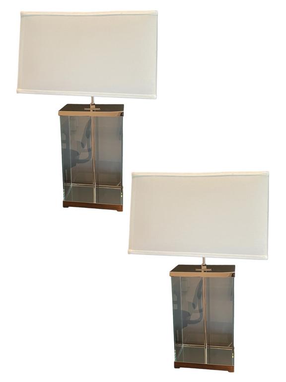 ETHAN ALLEN GLASS & CHROME MODERN TABLE LAMPS PAIR (1 of 6)