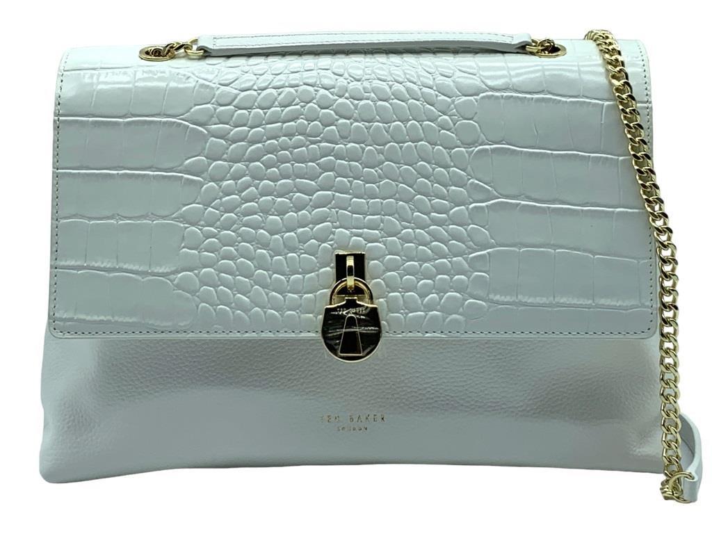 TED BAKER CROC PRINT LEATHER HANDBAG RETAIL $350: NEW WITH TAGS** TED BAKER CROC PRINT LEATHER CROSSBODY HANDBAG WITH GOLD ACCENTS & SHOLDER STRAP-RETAIL $350 -SIZE 12" X 8" X 4"JR BTQ 03/06