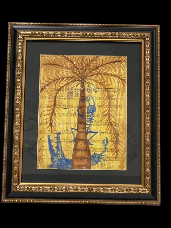 A. MEZA ORIGINAL ART MEXICO CONCERTO GROSSO 17": ALEX MEZA ORIGINAL ART ON SHEET MUSIC CONCERTO GROSSO | MEXICAN ARTIST FOLK ART-17" X 14" APPROX TO FRAME-GOOD PRE OWNED CONDITION