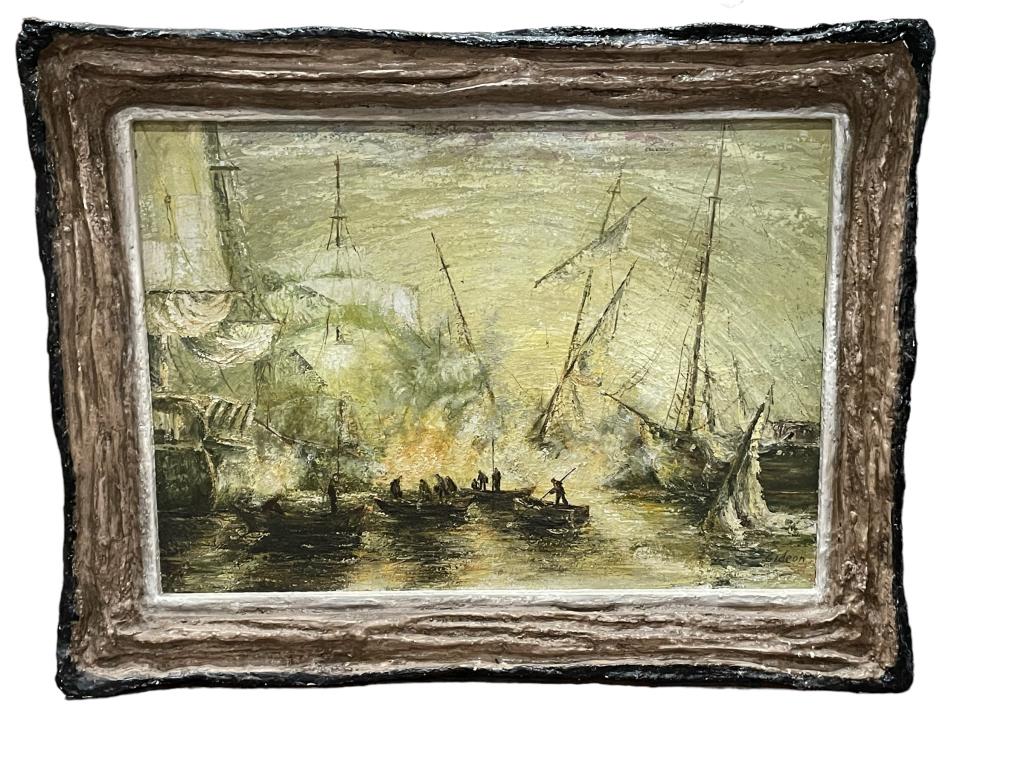 ELMO GIDEON SAILBOATS IN HARBOR OIL PAINTING 41.5": MONUMENTAL ELMO GIDEON SAILBOATS IN HARBOR OIL PAINTING WITH ARTIST MADE CUSTOM FRAME / CROSS PAINTING TO REVERSE-41.5" X 29" APPROX TO CANVAS -51" X 40" TO FRAME-PRE OWNED CONDITION WITH WEAR TO FRAM