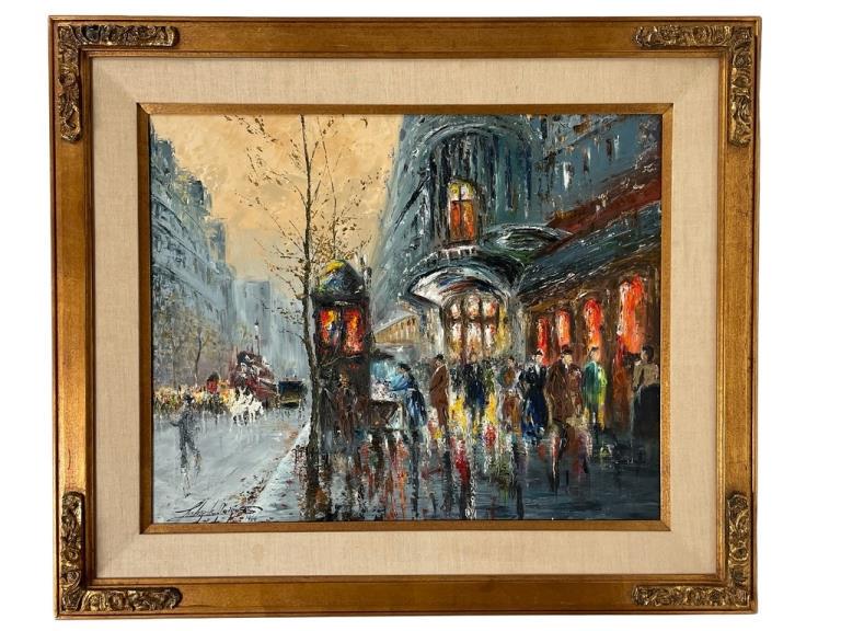 1966 LESVER DE QUIROS PARIS OIL PAINTING 29": 1966 LESVER DE QUIROS PARIS STREET SCENE OIL PAINTING OF FRENCH / PARIS STREET SCENE-23" X 29" APPROX -CUBAN ARTIST-SIGNED AND DATED 1966-GOOD PRE OWNED CONDITION-DP11822