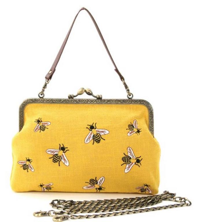 SLEEPYVILLE CRITTER BEES KISSLOCK COTTON HANDBAG: -Quality canvas material and uniquely designed embroidery.Includes two detachable straps; chain strap with a shoulder drop of 24in and a vinyl strap with a shoulder drop of 6in.-Fabric lined interior 