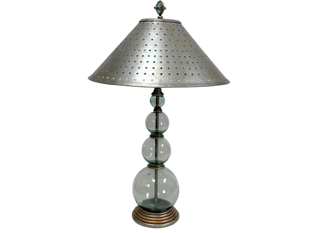 POST MODERN METAL SHADE LAMP WITH GLASS GLOBE BASE: POST MODERN METAL SHADE LAMP WITH GLASS GLOBE BASE-35" X 8" DIAMETER TO BASE APPROX-GOOD PRE OWNED CONDITIONJR SR RL 03/30