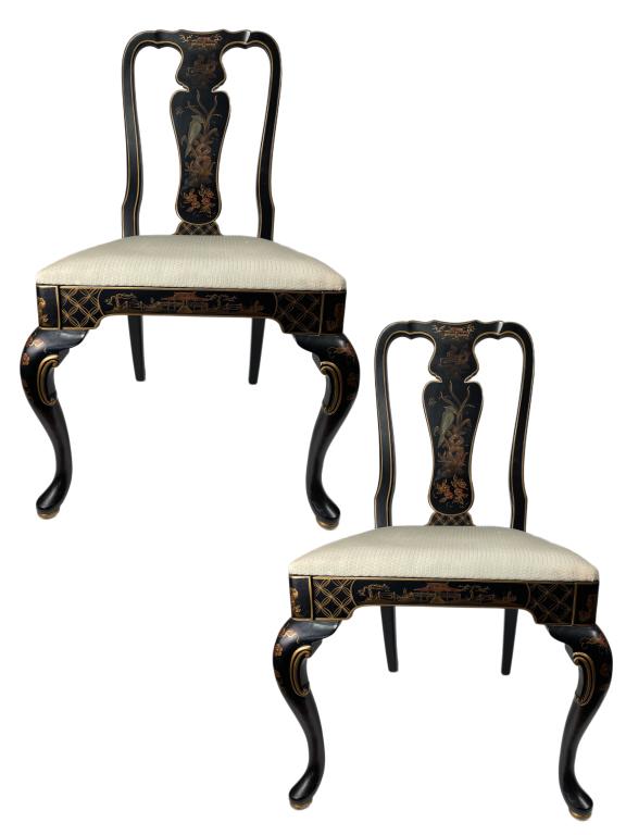 BLACK LACQUER ASIAN STYLE CHINOISERIE CHAIRS, PAIR (1 of 7)